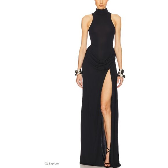 Helsa Dresses & Skirts - Helsa The Ophelia Dress in Black maxi split hem sleeveless high neck draped gown